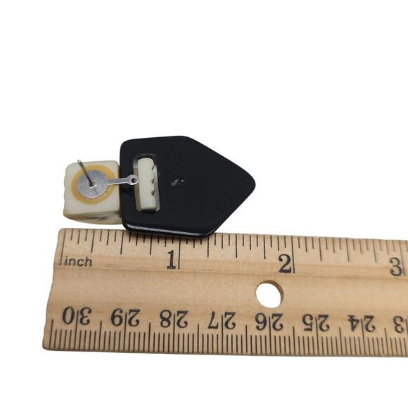 1980s Black Acrylic Triangle Dangle Drop Earrings Hoop Closure Vintage - Picture 4 of 4